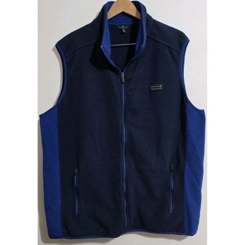 Brooks Brothers Mens Vest 1XL Blue Fleece Full Zip Up Pockets Golf Casual
